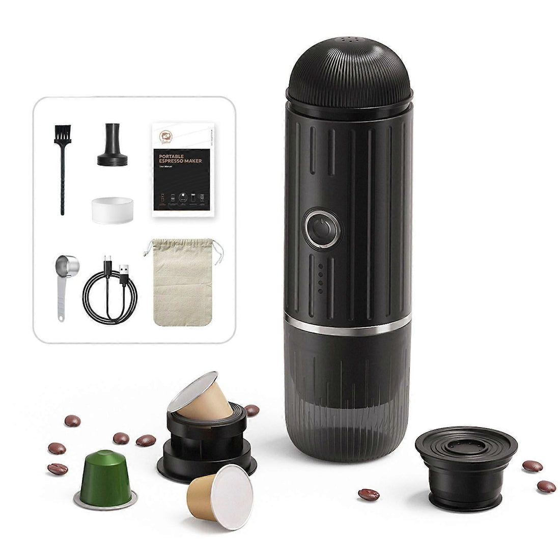 Portable Espresso Coffee Maker, Rechargeable, Capsule & Ground Coffee, One-Button Brew